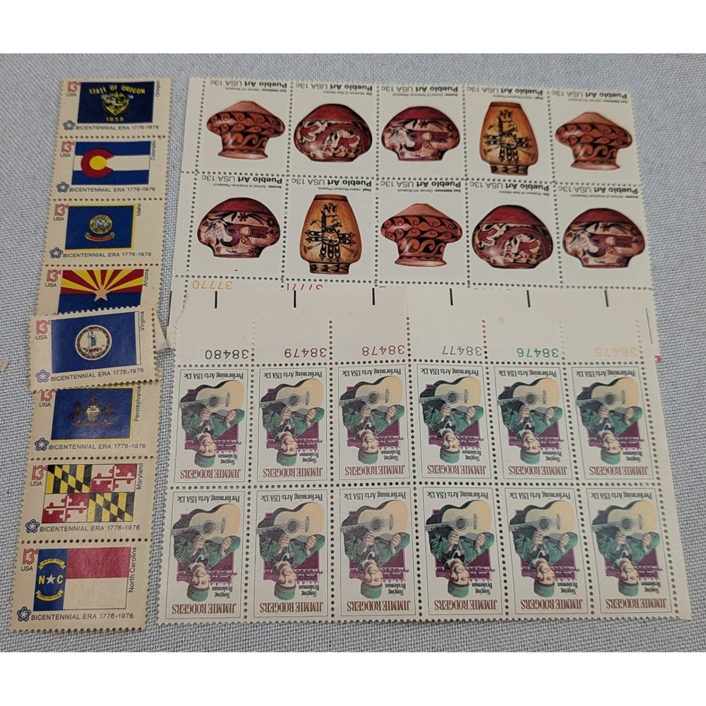 USPS Postage Lot Vintage 13 Cent Bicentennial Flags Pueblo Art Jimmie Rodgers